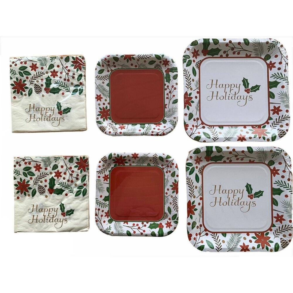 Happy Holidays Christmas Holly Berries Paper Plates and Napkins Serves 16 Party